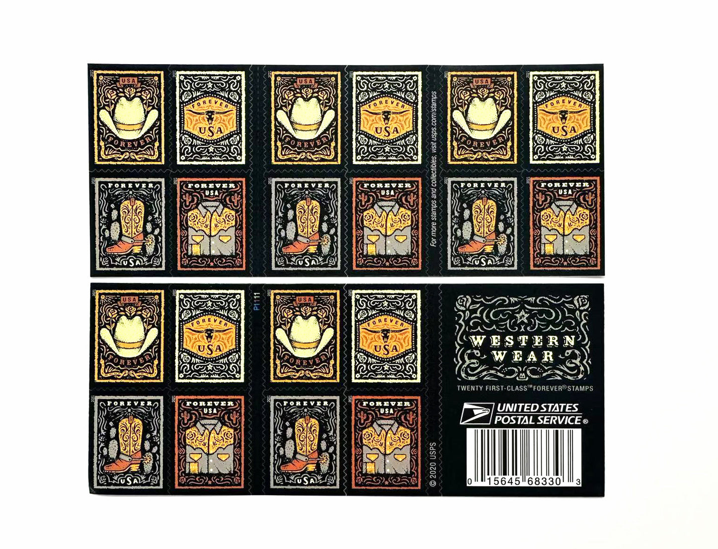 Western Wear (Cowboy Hat, Belt Buckle, Cowboy Boot with Spur, Western Shirt) Forever Postage Stamps - Stamps Co Online