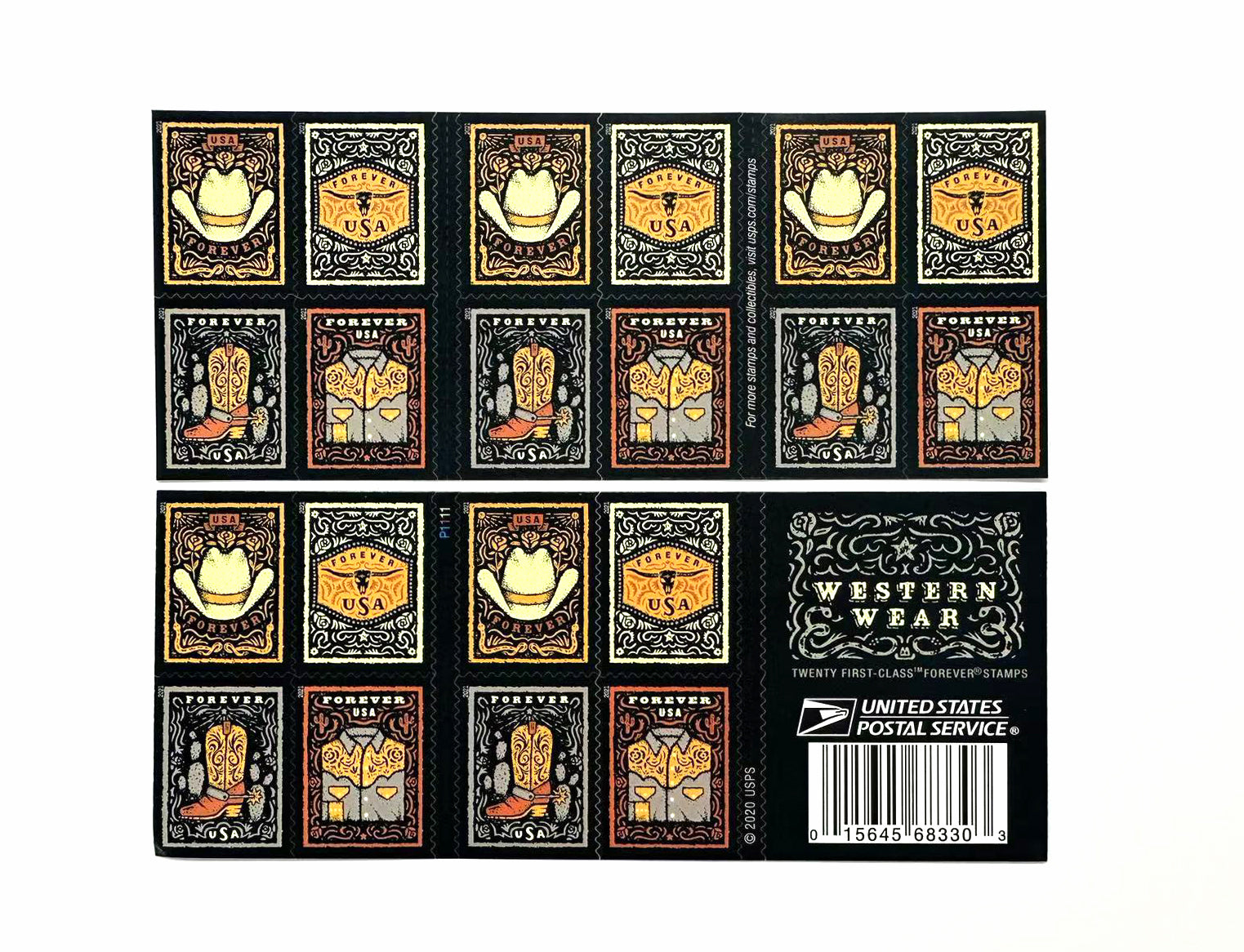 Western Wear (Cowboy Hat, Belt Buckle, Cowboy Boot with Spur, Western Shirt) Forever Postage Stamps - Stamps Co Online